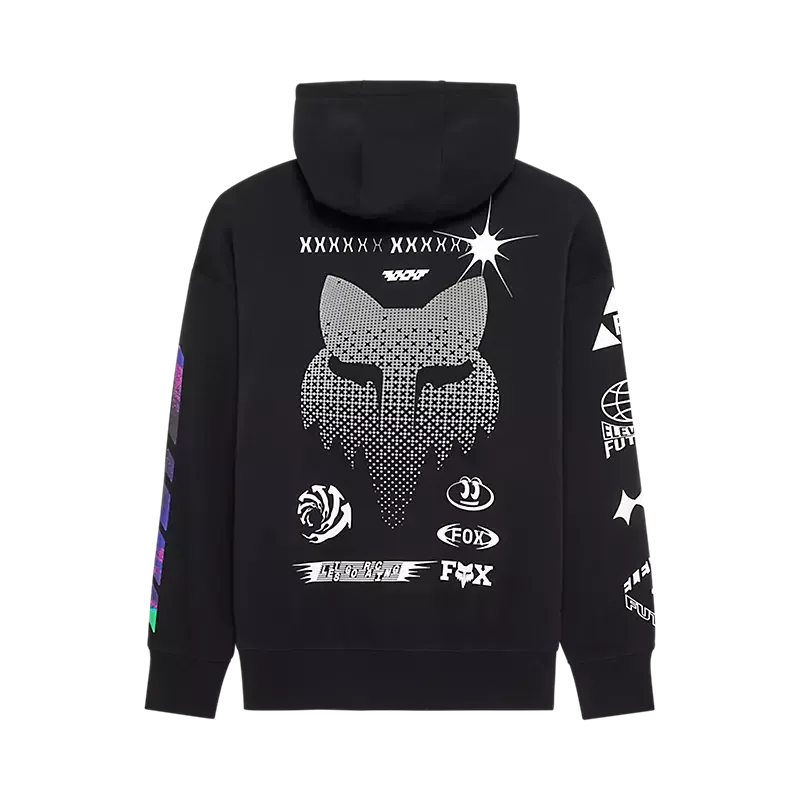 Schwarzer Oversize-Hoodie mit auffälligen reflektierenden Grafiken auf dem Rücken und den Ärmeln.