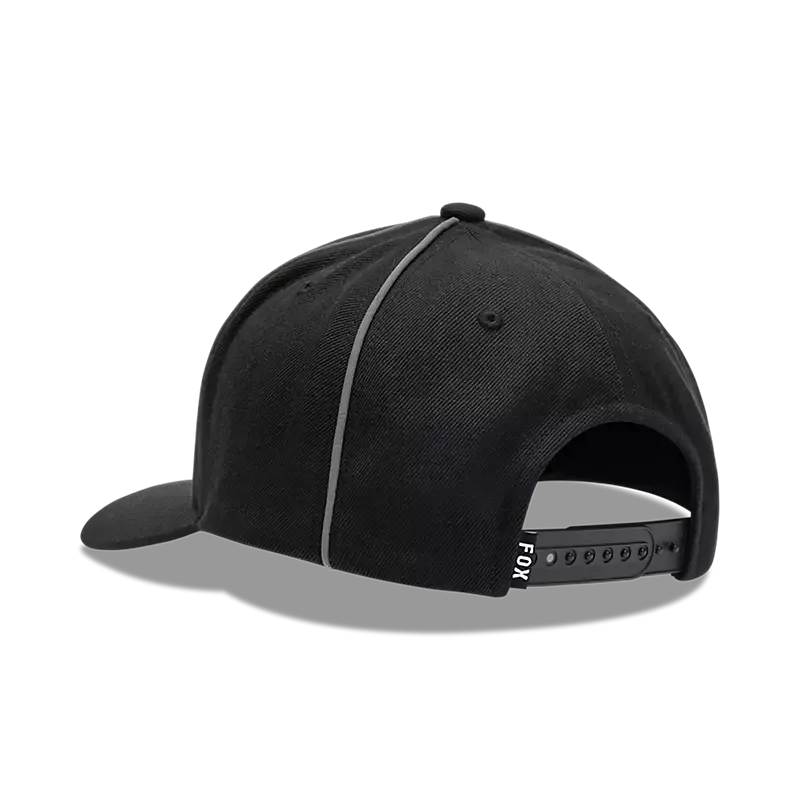 Schwarze Snapback Cap mit reflektierender Paspel und verstellbarem Snap-Verschluss von hinten gesehen.