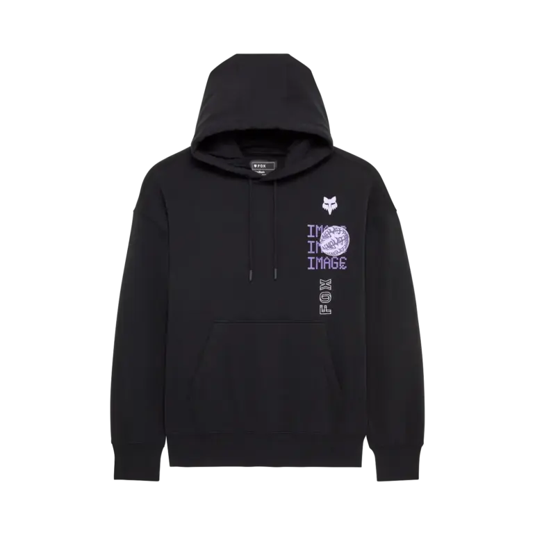 Schwarzer Image Phantom Oversized Hoodie mit violetten und weißen Grafiken auf der Vorderseite.