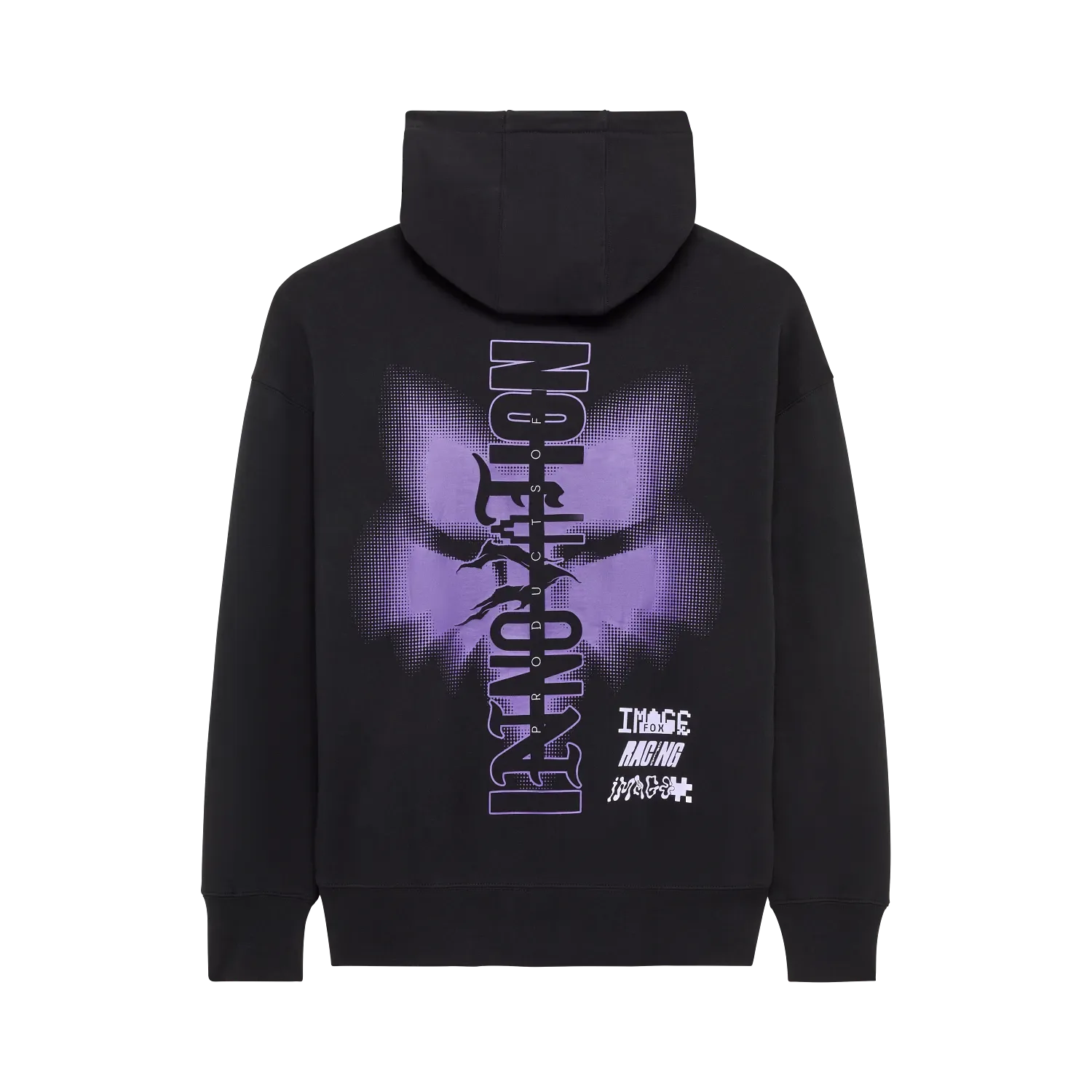 Oversized Hoodie in Schwarz mit auffälligen lila Spiral- und Pixel-Grafiken auf der Rückseite.