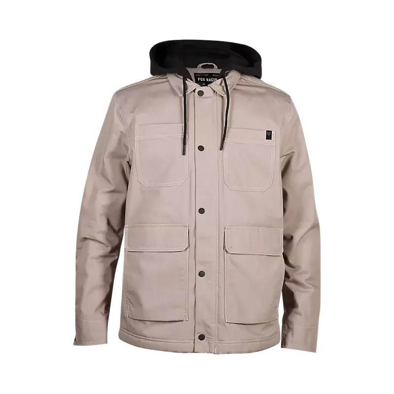 Taupefarbene Mercer-Jacke mit Kapuze, Brust- und Eingrifftaschen, Frontansicht