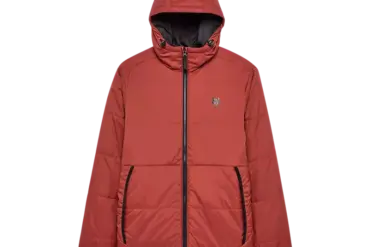 Rostbraune Ridgeway Jacke mit Kapuze und Reißverschluss, Vorderansicht auf weißem Hintergrund.