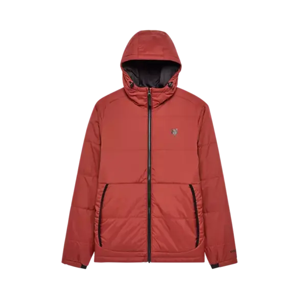 Rostbraune Ridgeway Jacke mit Kapuze und Reißverschluss, Vorderansicht auf weißem Hintergrund.