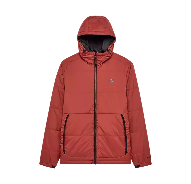 Rostbraune Ridgeway Jacke mit Kapuze und Reißverschluss, Vorderansicht auf weißem Hintergrund.