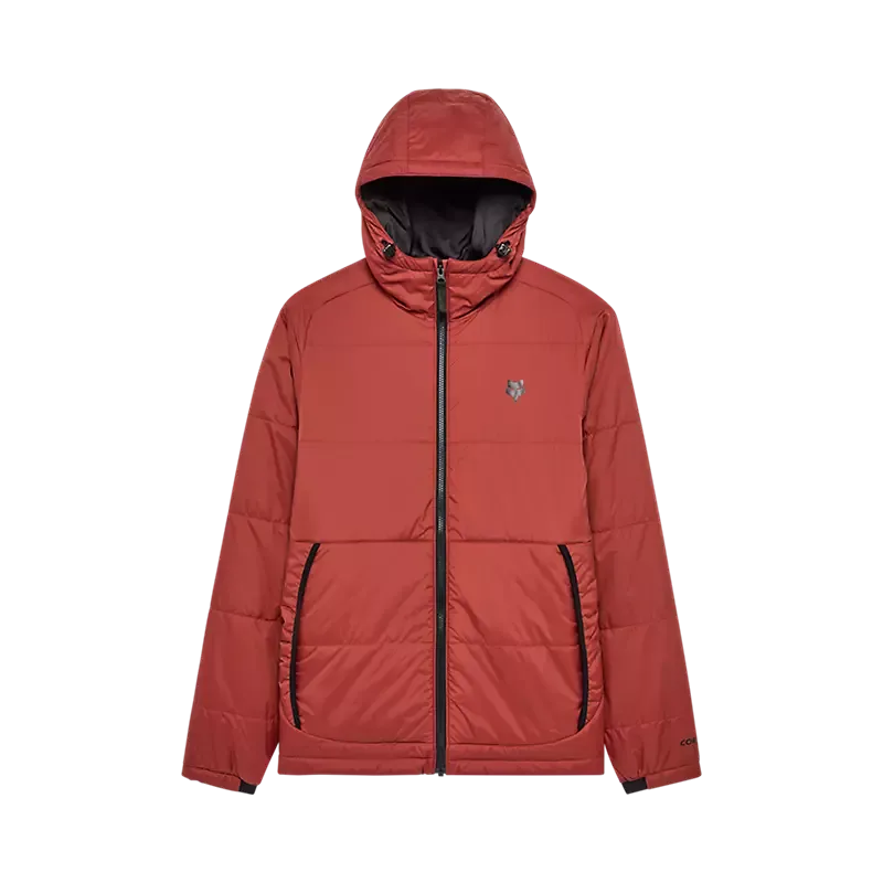 Rostbraune Ridgeway Jacke mit Kapuze und Reißverschluss, Vorderansicht auf weißem Hintergrund.