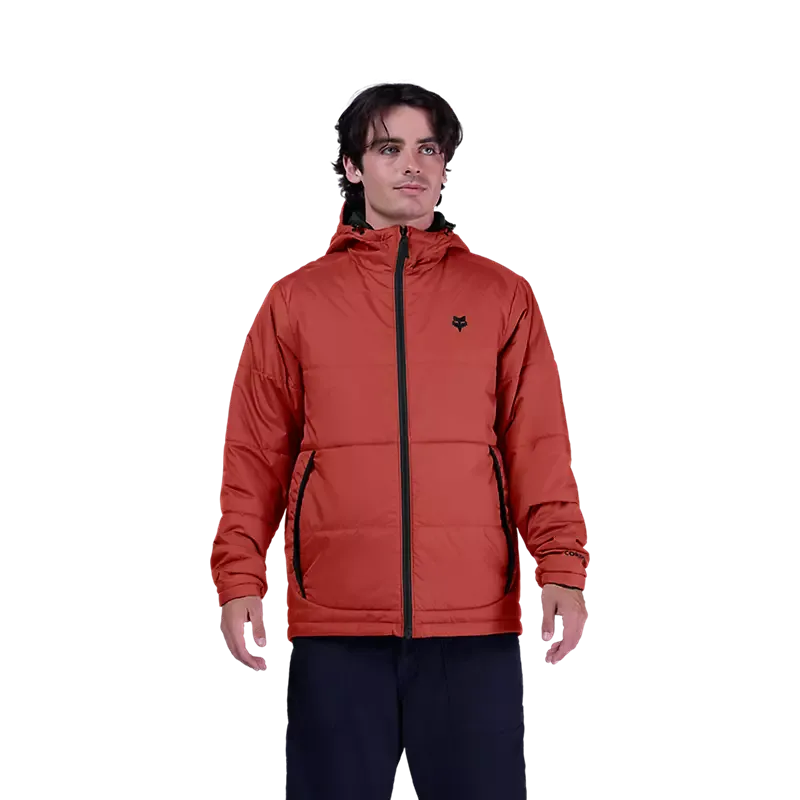 Rostbraune Ridgeway-Jacke von Fox mit Kapuze, Reißverschluss und sportlichem Design, getragen von einer Person.