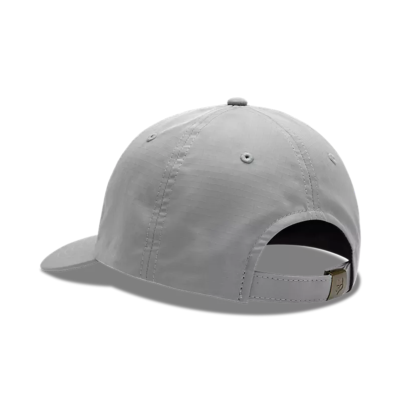 Stahlgraue Cap aus Ripstop-Material von hinten mit verstellbarem Riemen und Metallverschluss.