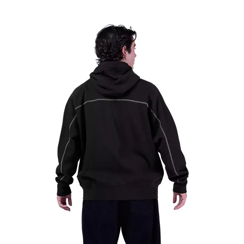 Rückansicht einer schwarzen Moto-X Oversized Kapuzenjacke mit Kapuze und Kontrastnähten, getragen von einer Person.