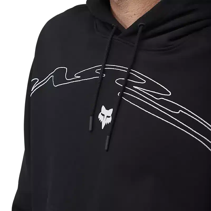 Nahaufnahme des schwarzen Kapuzenpullovers Energy Face Oversized mit Fox-Logo-Stickerei und Kapuze.