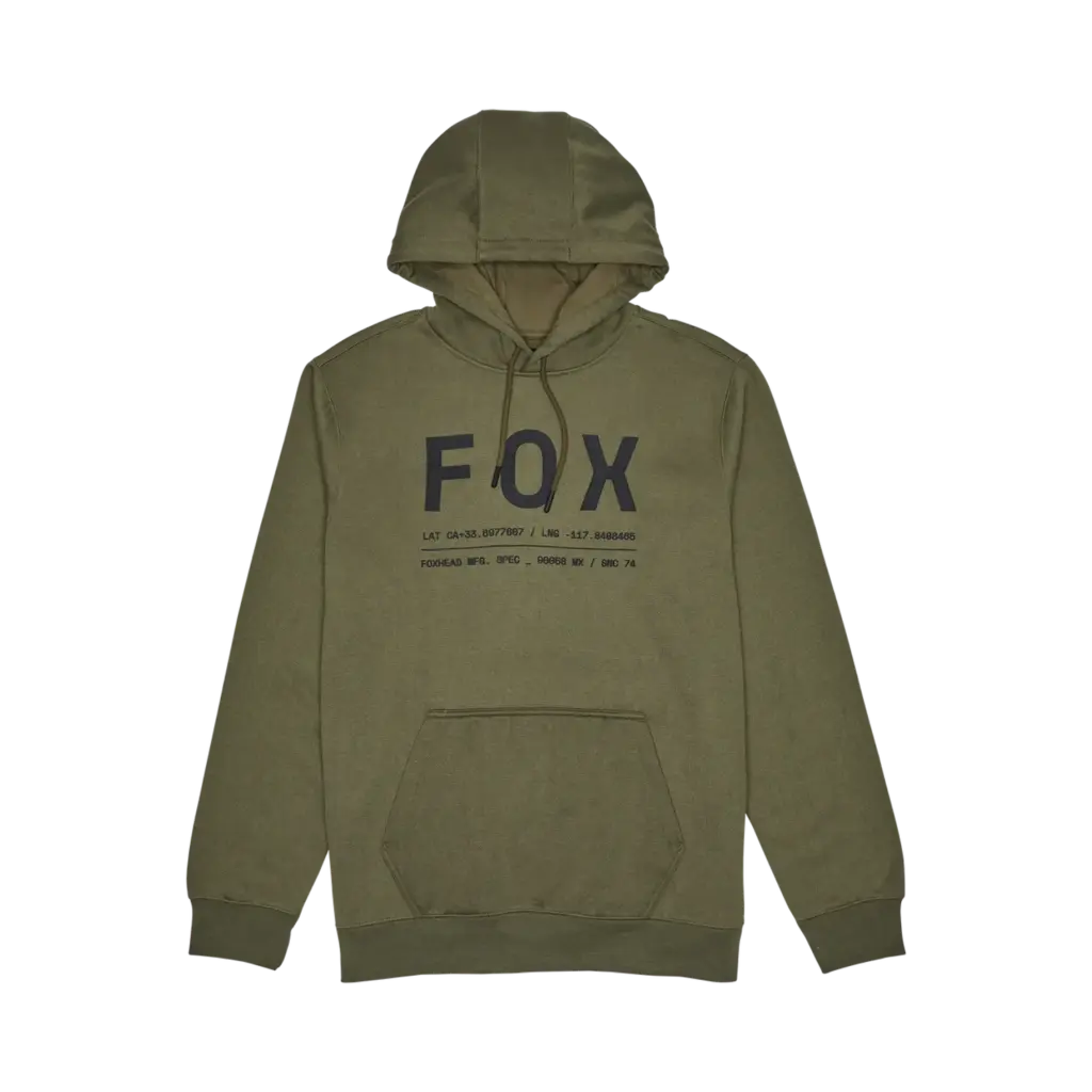 Olivgrüner Kapuzenpullover mit aufgedrucktem FOX-Logo vorn und Kängurutasche.
