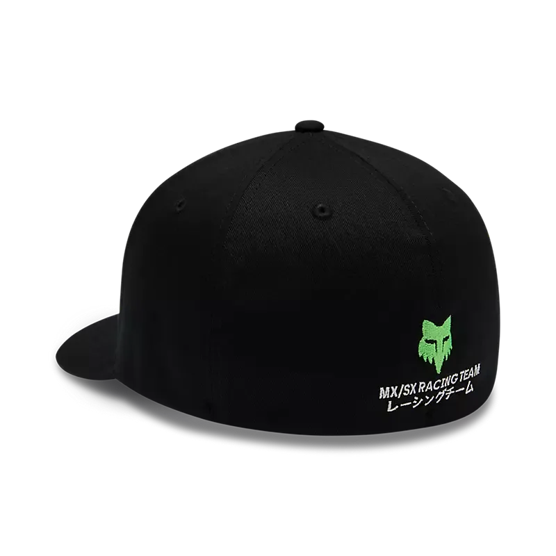 Schwarzes Flexfit Cap von Kawasaki, Rückansicht mit grünem Fox-Logo und gesticktem Schriftzug MX/SX RACING TEAM.