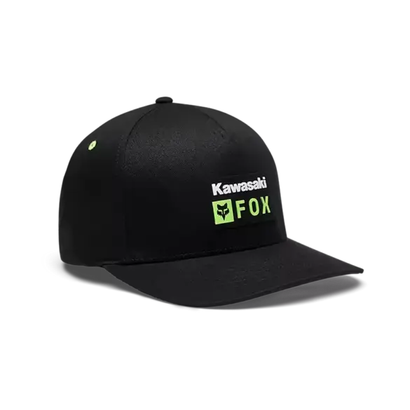 Schwarze Flexfit Mütze von Kawasaki mit grünem Fox-Logo auf der Vorderseite.