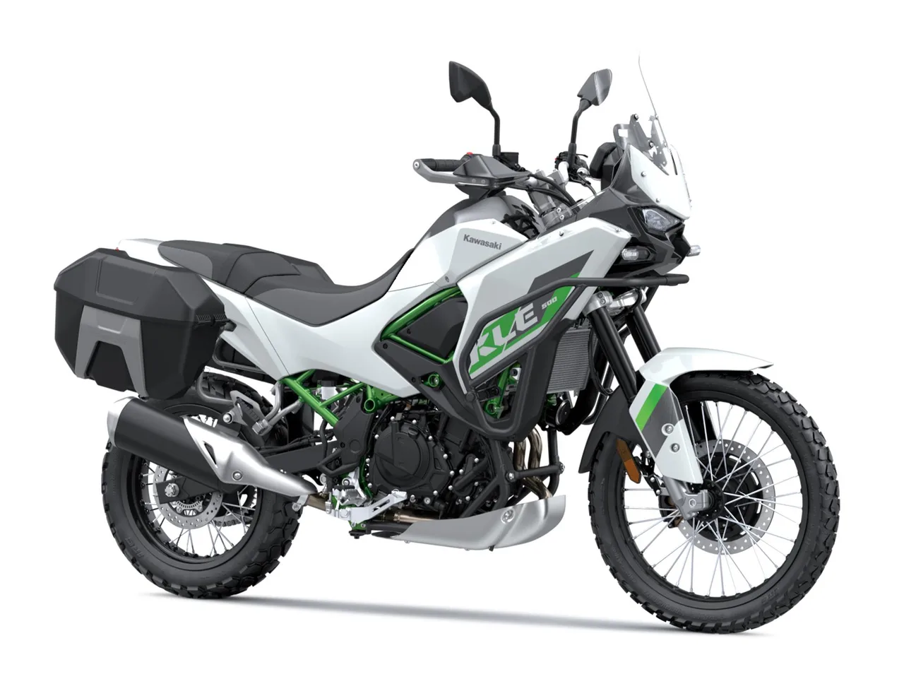 Kawasaki KLE500 SE 2026 Reiseenduro in Weiß mit Koffern, Speichenrädern und Rallye-Verkleidung