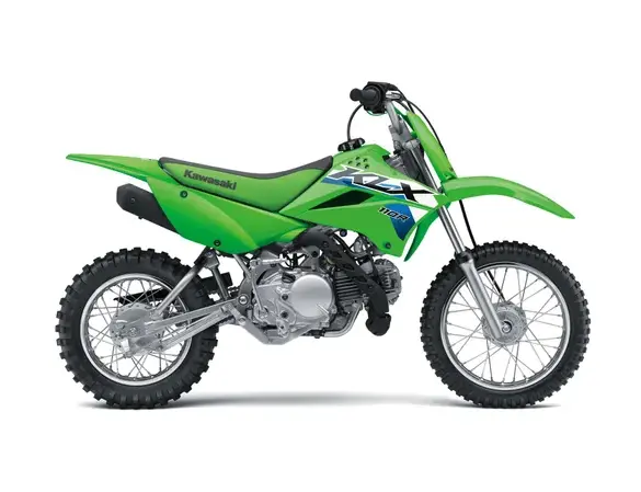 Kawasaki KLX110R 2026 Offroad-Motorrad in Grün, Seitenansicht auf weißem Hintergrund
