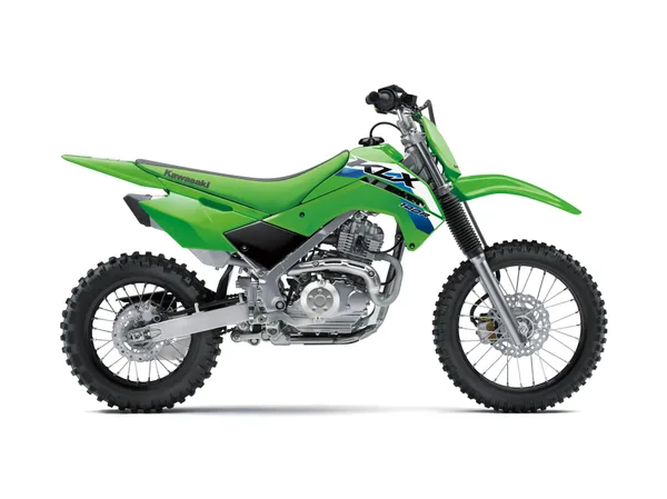 Seitenansicht der Kawasaki KLX140R 2026 in Grün, Offroad-Motorrad mit Stollenreifen