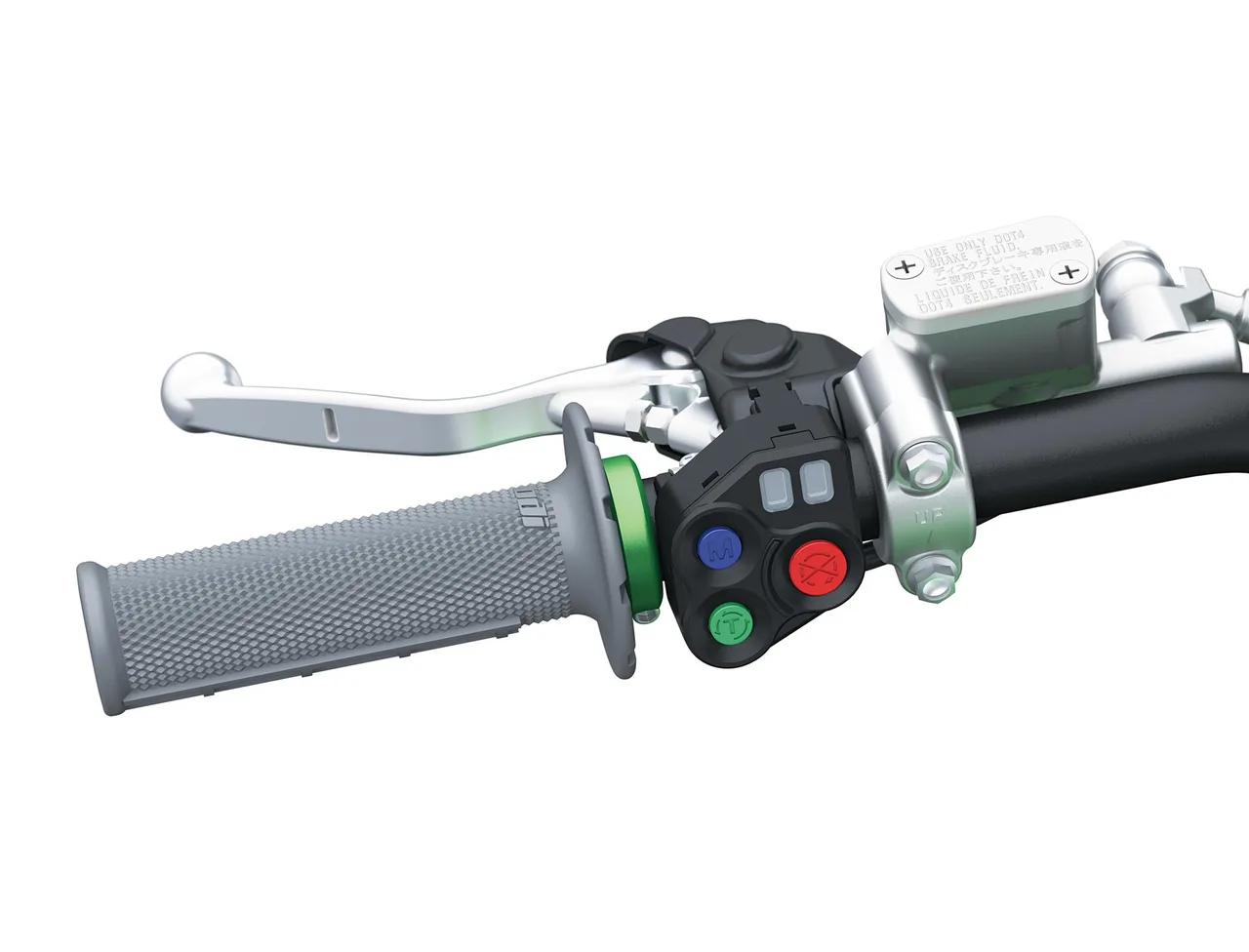 Lenker mit Kupplungshebel, Griff und Steuerungsknöpfen der Kawasaki KX450, Modell 2026