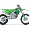 Kawasaki KX450X 2026 in der Seitenansicht, grünes Offroad-Motorrad mit moderner Technik.