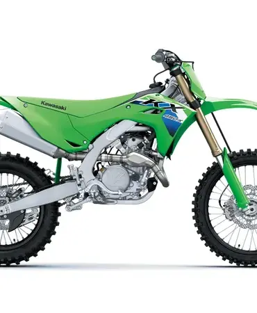 Kawasaki KX450X 2026 in der Seitenansicht, grünes Offroad-Motorrad mit moderner Technik.