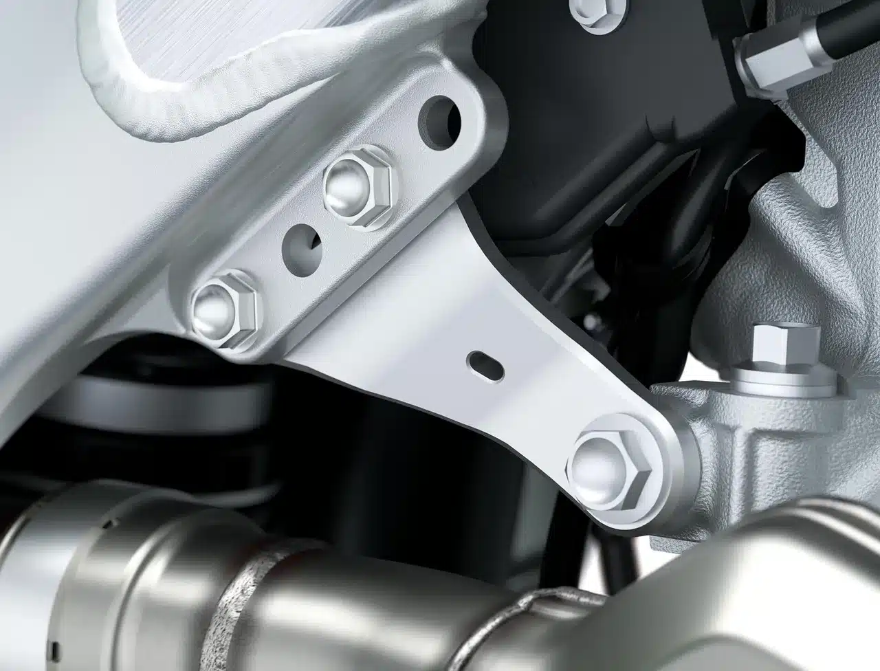 Detailfoto des hinteren Fahrwerks und Verbindungsglieds der Kawasaki KX450X 2026