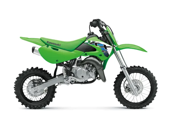 Seitenansicht der Kawasaki KX65 2026 in Lime Green, ein kompaktes Motocross-Bike für Kinder und Jugendliche.
