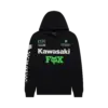 Schwarzer Kawasaki-Fox Hoodie mit auffälligem grünen FOX-Logo und weißen Kawasaki-Schriftzügen sowie Prints auf Brust und Ärmeln.
