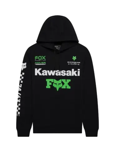 Schwarzer Kawasaki-Fox Hoodie mit auffälligem grünen FOX-Logo und weißen Kawasaki-Schriftzügen sowie Prints auf Brust und Ärmeln.