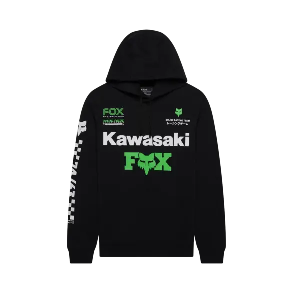 Schwarzer Kawasaki-Fox Hoodie mit auffälligem grünen FOX-Logo und weißen Kawasaki-Schriftzügen sowie Prints auf Brust und Ärmeln.
