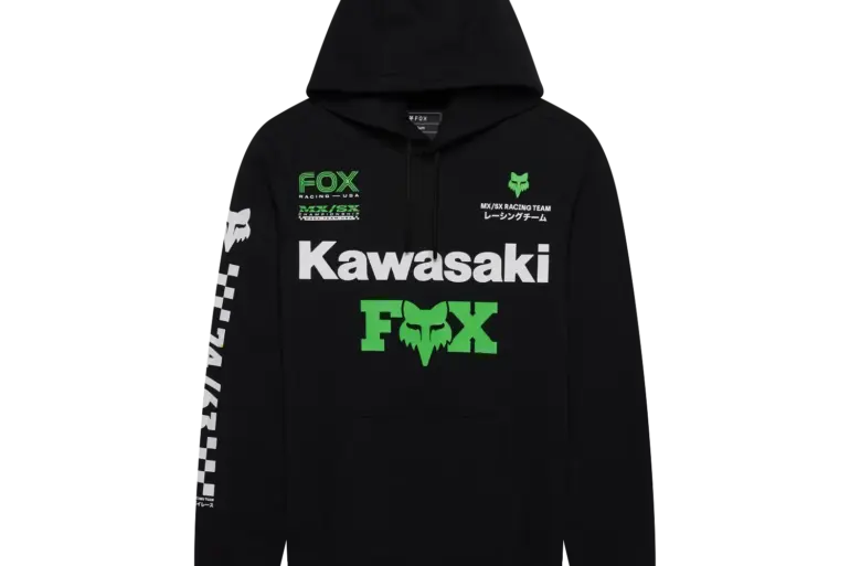 Schwarzer Kawasaki-Fox Hoodie mit auffälligem grünen FOX-Logo und weißen Kawasaki-Schriftzügen sowie Prints auf Brust und Ärmeln.