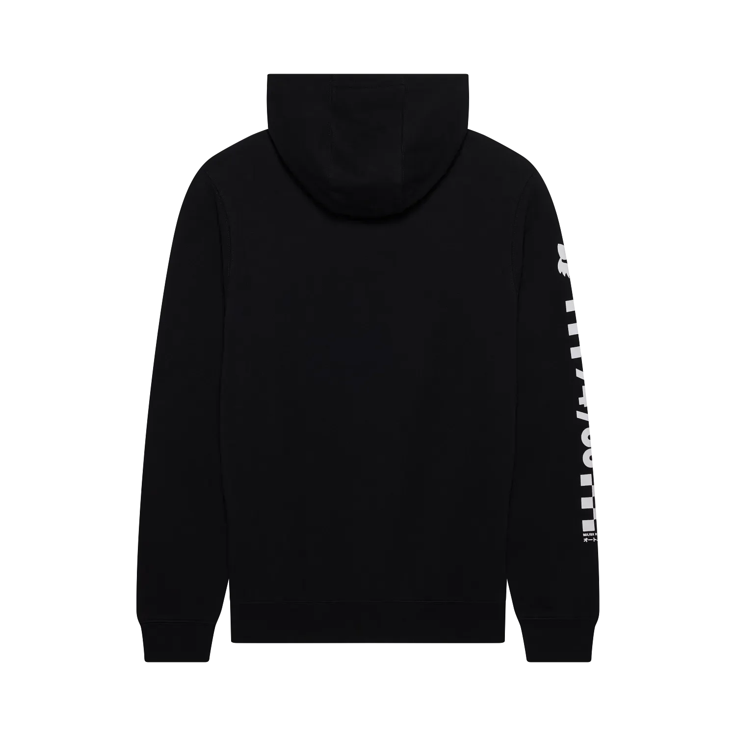 Schwarzer Kawasaki Hoodie von hinten mit weißem Druck am rechten Ärmel.