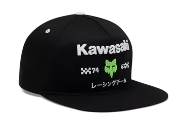 Kawasaki Snapback Cap mit weißem Schriftzug, grünem Logo und Stickerei auf der Vorderseite