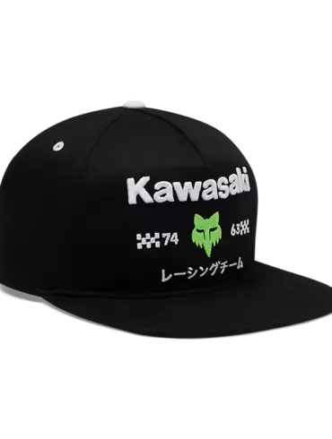 Kawasaki Snapback Cap mit weißem Schriftzug, grünem Logo und Stickerei auf der Vorderseite