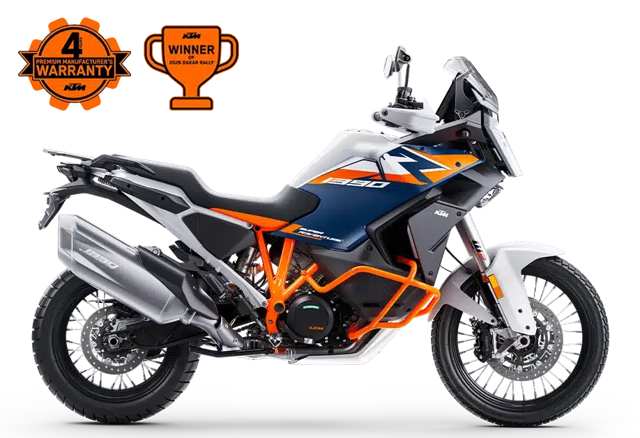 KTM 1390 Super Adventure R Reiseenduro in Seitenansicht mit orange-blauem Design, 21-Zoll-Vorderrad und Zubehör.