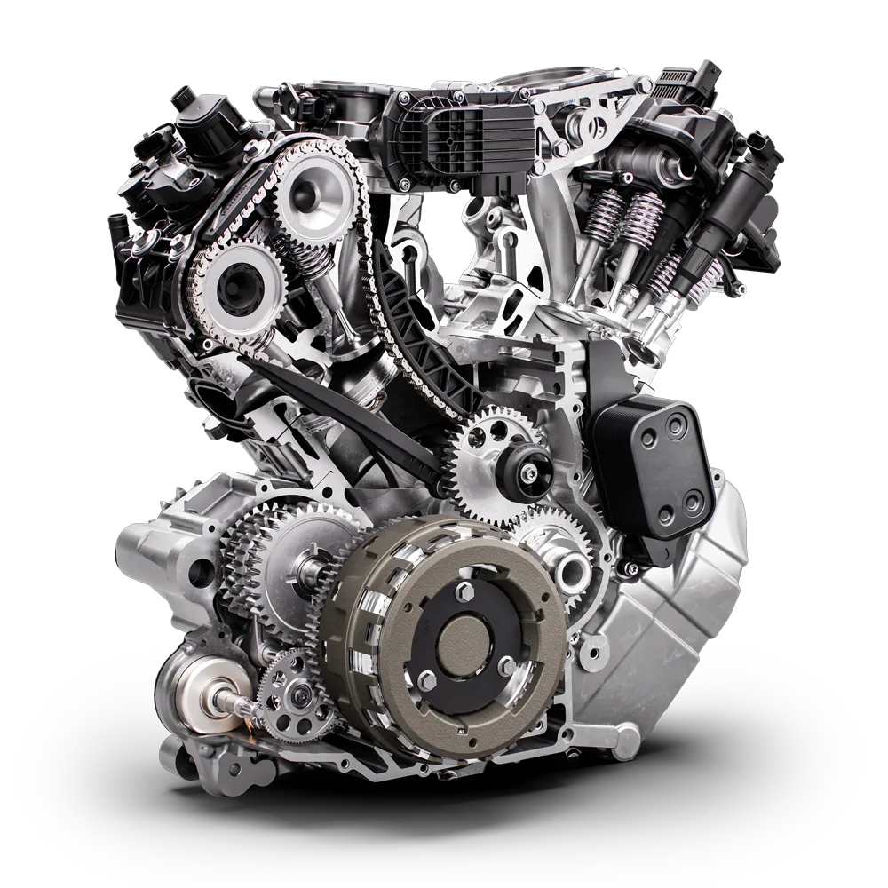 Motor der KTM 1390 Super Adventure S EVO mit sichtbarer Mechanik und Technik