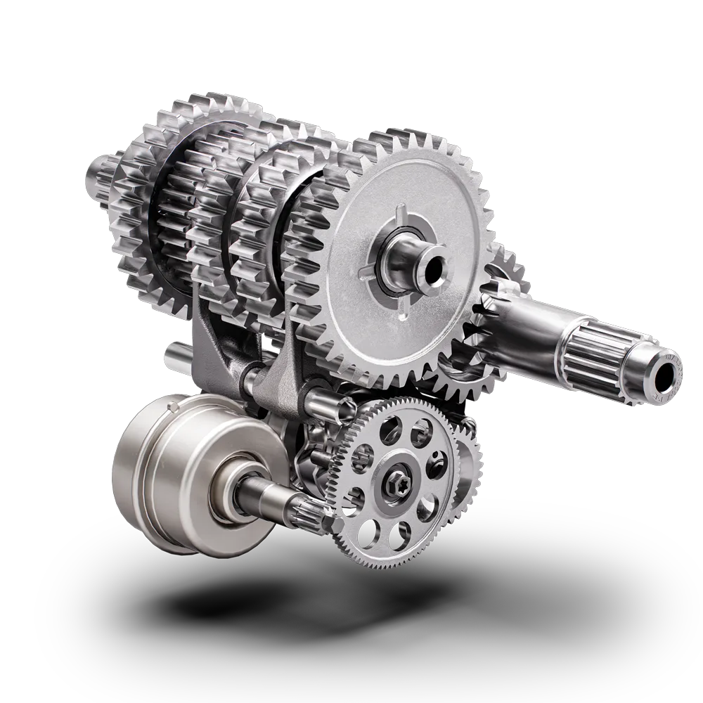 Nahaufnahme des 6-Gang-Getriebes der KTM 1390 Super Adventure S EVO für Reiseenduros