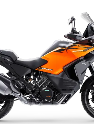 KTM 1390 Super Adventure S Motorrad in Seitenansicht mit orange-schwarzem Design