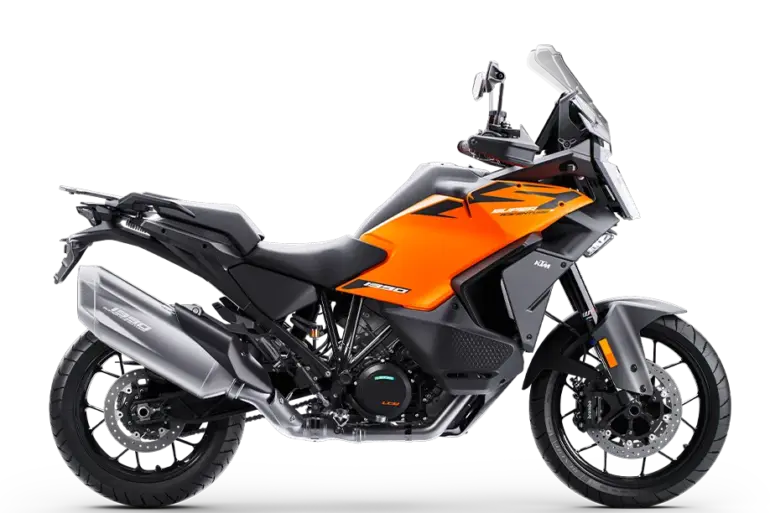 KTM 1390 Super Adventure S Motorrad in Seitenansicht mit orange-schwarzem Design