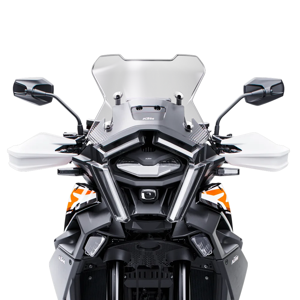 KTM 1390 Super Adventure S Motorrad von vorne mit LED-Scheinwerfern und großem Windschild.