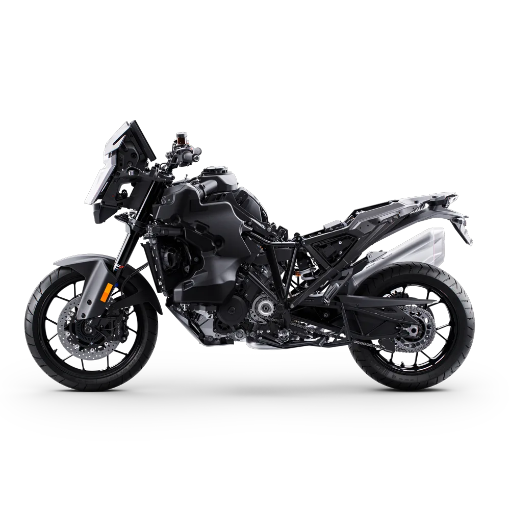 KTM 1390 Super Adventure S als Schnittmodell mit sichtbarem Rahmen, Motor und Fahrwerk