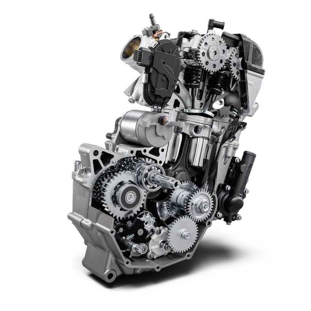 KTM LC4c-Viertaktmotor der 390 Adventure X, Querschnitt mit Getriebe und Innenteilen