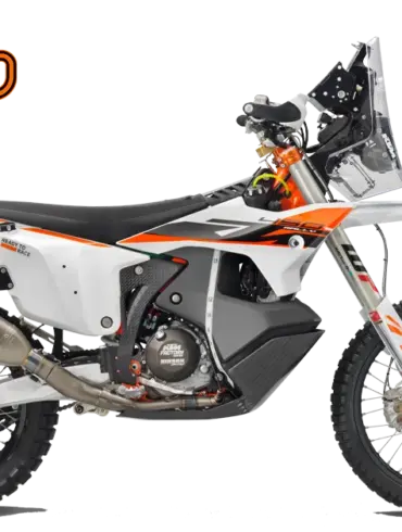 KTM 450 Rally Replica 2026 Rally-Motorrad mit Akrapovič-Auspuff und Navigationsturm, Seitenansicht.