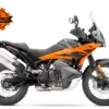 KTM 790 Adventure 2026, orange-schwarzes Adventure-Bike in Seitenansicht mit 4-Jahres-Garantie-Siegel.
