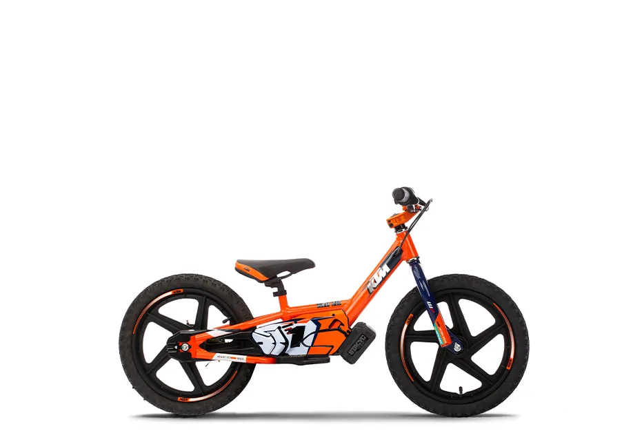 KTM SX-E 1.16 elektrisches Balance-Bike für Kinder, Seitenansicht, orange-schwarzes Design