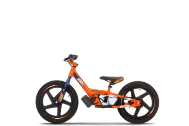 KTM SX-E 1.16 Kinder-Elektro-Balance-Bike in Orange, Seitenansicht auf weißem Hintergrund