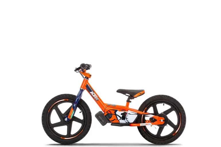 KTM SX-E 1.16 Kinder-Elektro-Balance-Bike in Orange, Seitenansicht auf weißem Hintergrund