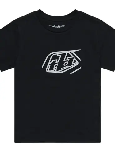 Schwarzes Troy Lee Designs Kurzarm-T-Shirt mit grauem Badge-Logo auf der Vorderseite.