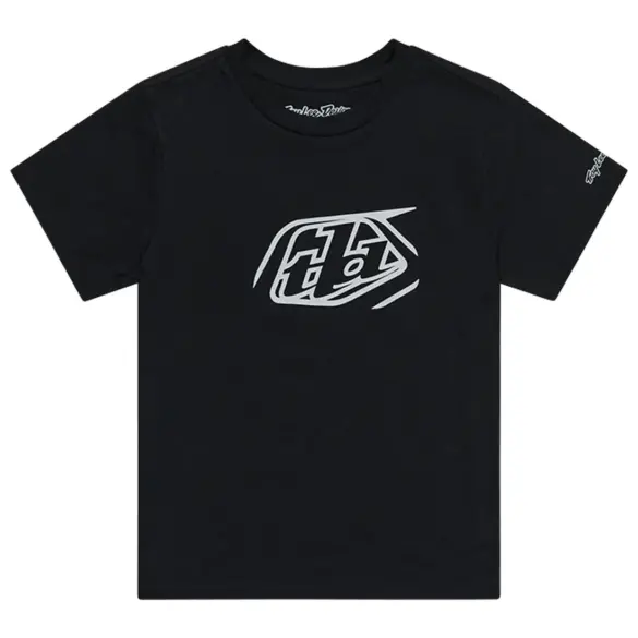 Schwarzes Troy Lee Designs Kurzarm-T-Shirt mit grauem Badge-Logo auf der Vorderseite.
