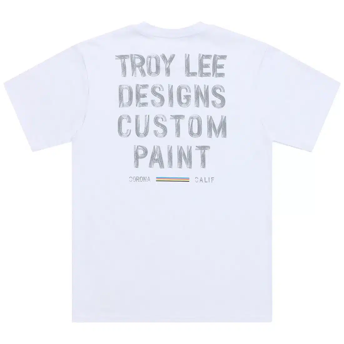 Rückansicht des weißen Troy Lee Designs Paint Shop Kurzarm-T-Shirts mit großem grauen Schriftzug.
