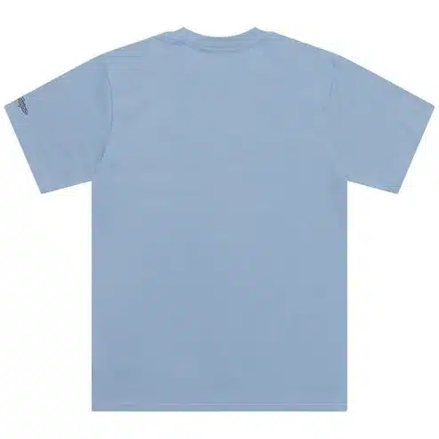 Rückseite eines hellblauen Troy Lee Designs Kurzarm-T-Shirts, Modell Peace Out, ohne auffällige Prints, Sicht auf den Ärmel-Print