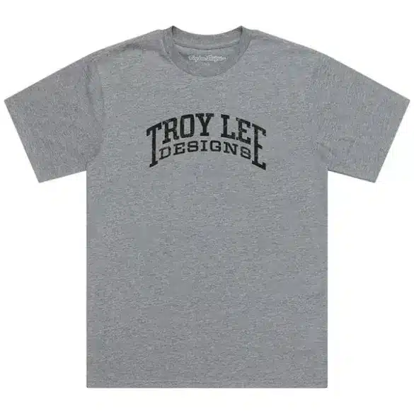 Grau meliertes Troy Lee Designs Kurzarm-T-Shirt mit schwarzem Logo-Schriftzug auf der Brust