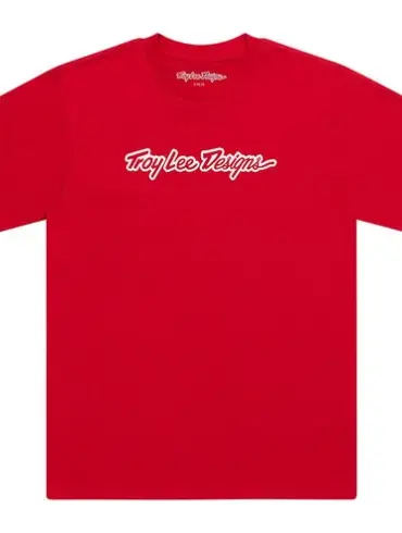 Rotes Kurzarm-T-Shirt mit Troy Lee Designs Logo als Signature-Print auf der Brust.